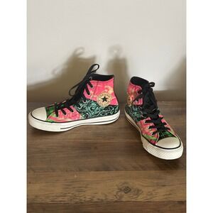 Converse Chuck Taylor All Star High Top Pink Green Plaid Skull Punk Sneakers 7.5